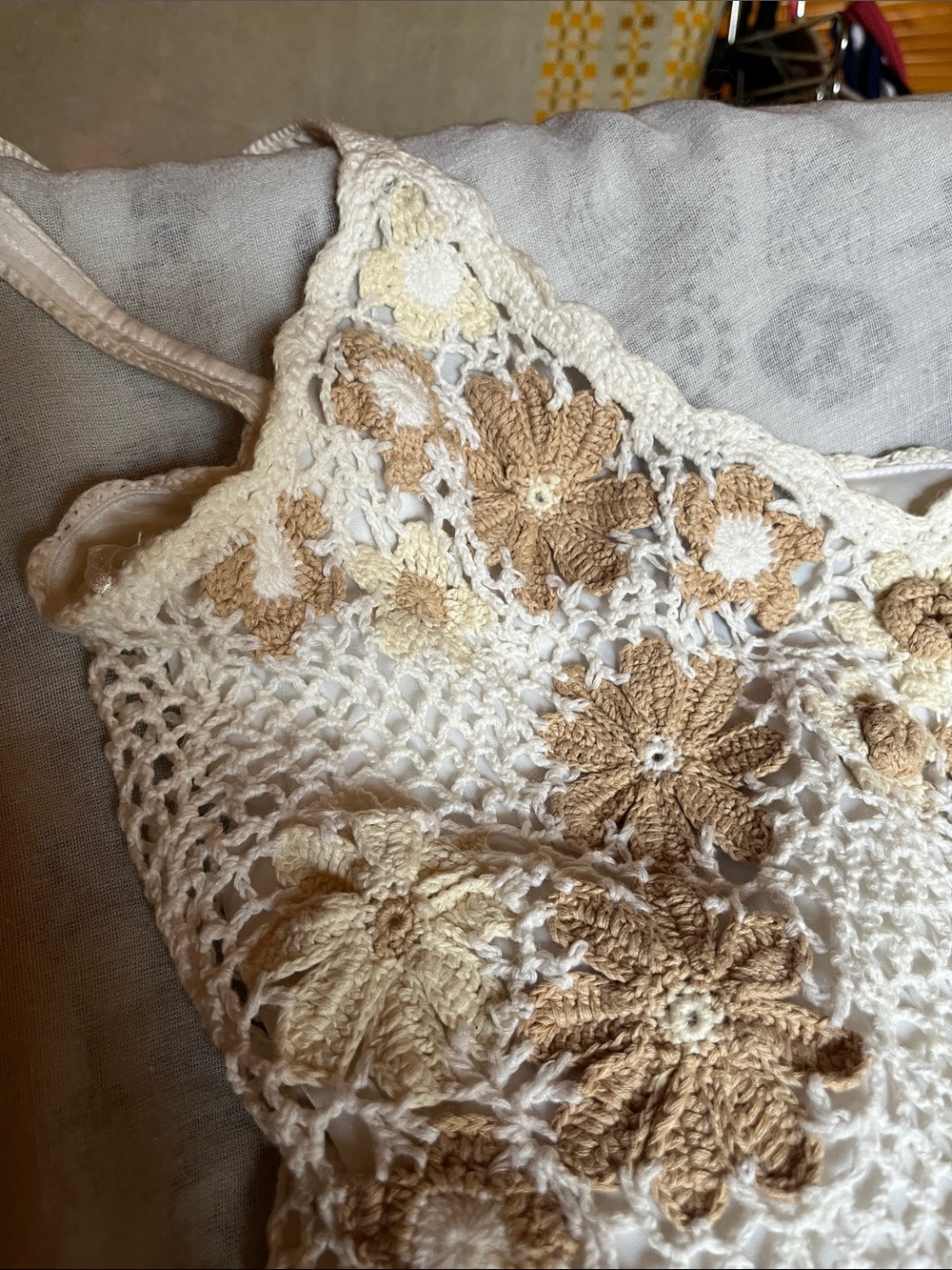 INC International Concepts Ivory Crochet Camisole with Tan Floral 17”PTP - Picture 5 of 7
